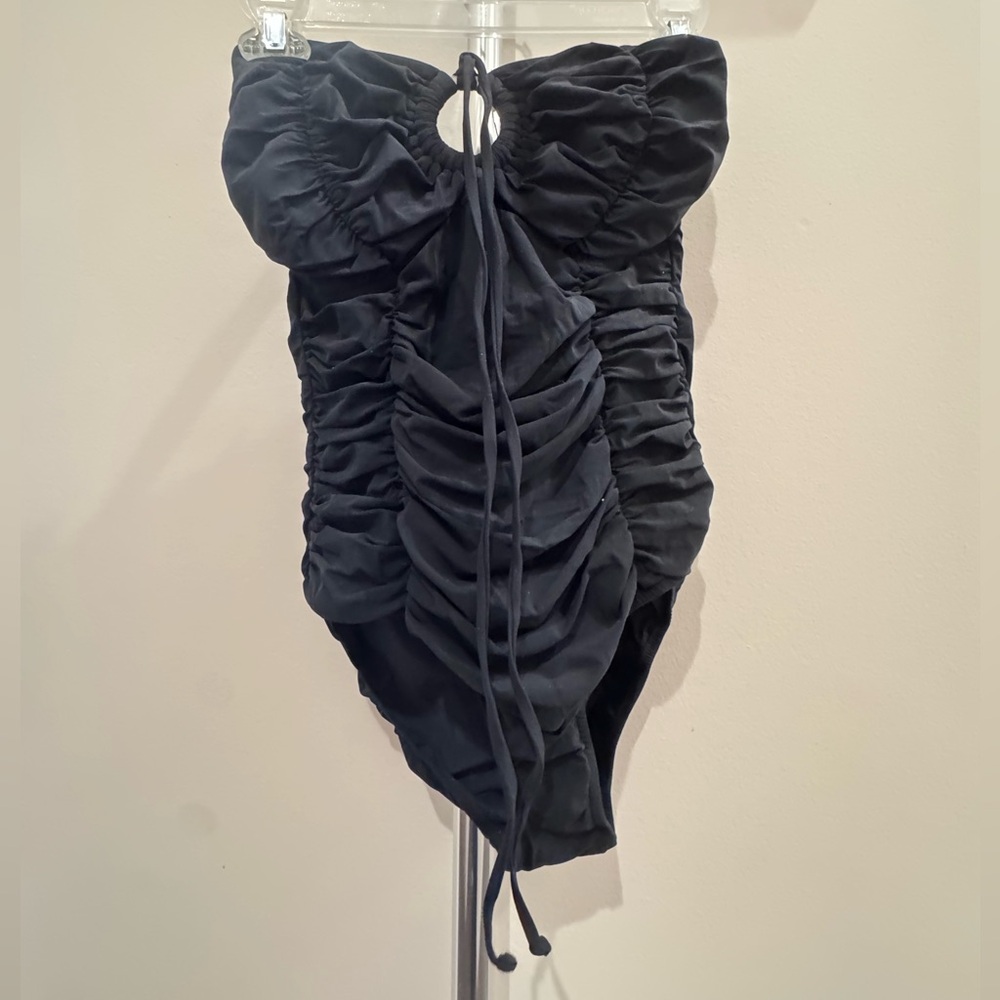 Lisa Curran Saks Fifth Avenue Black Strapless Ruched One-Piece Swimsuit